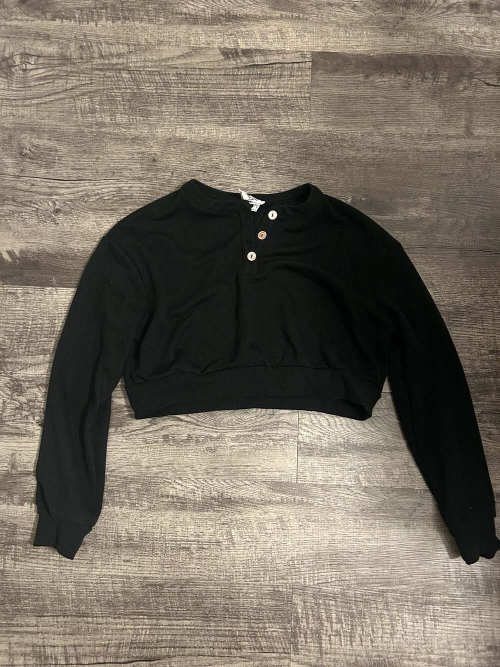Princess Polly Black Cropped Henley Long Sleeve Sweatshirt Size US 2